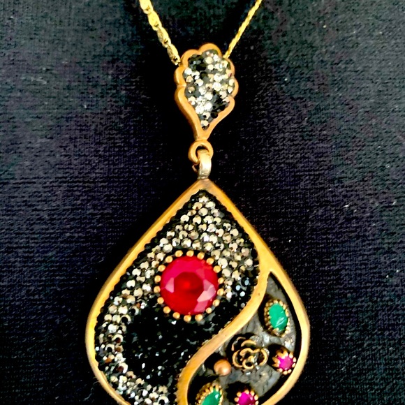 Stunning silver pendant fuchia & green semi-precious stones & shiny rhinestones - Picture 7 of 15
